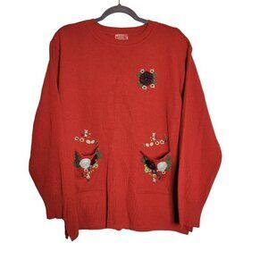 Vintage Women's  XXL Orange Red Wool Blend Floral Embroidered Sweater Granny Cor